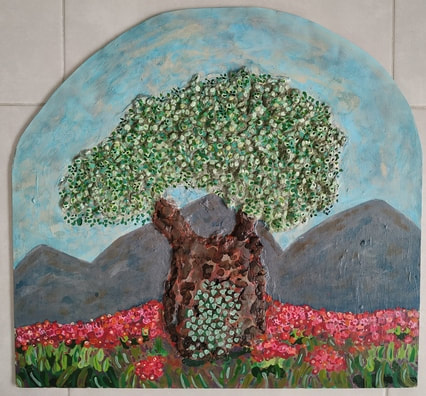 Arbre, peinture acrylique sur bois de récupération