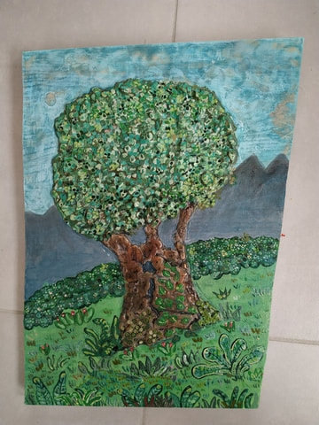 Arbre, peinture acrylique sur bois de récupération
